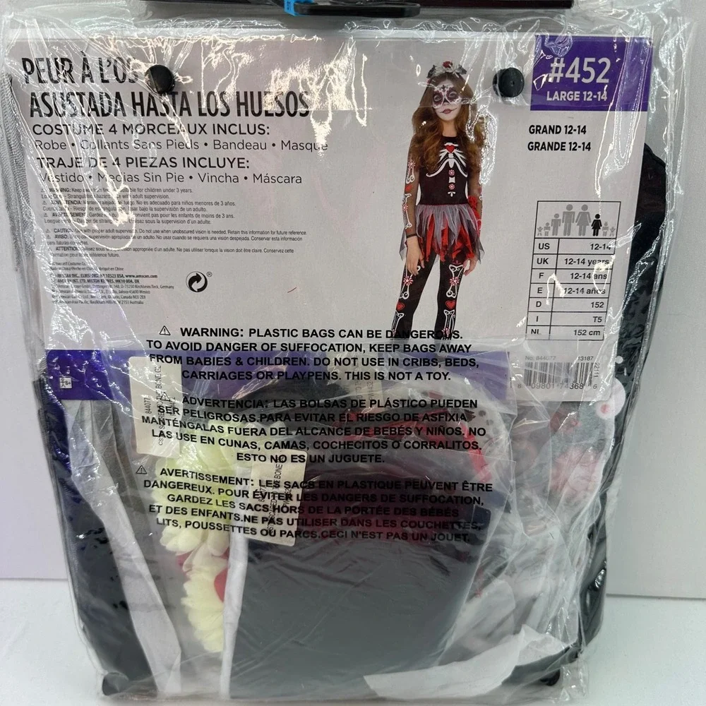 Scared To The Bone Halloween Costume Dress Tights Headband Mask Large 12-14 Girl